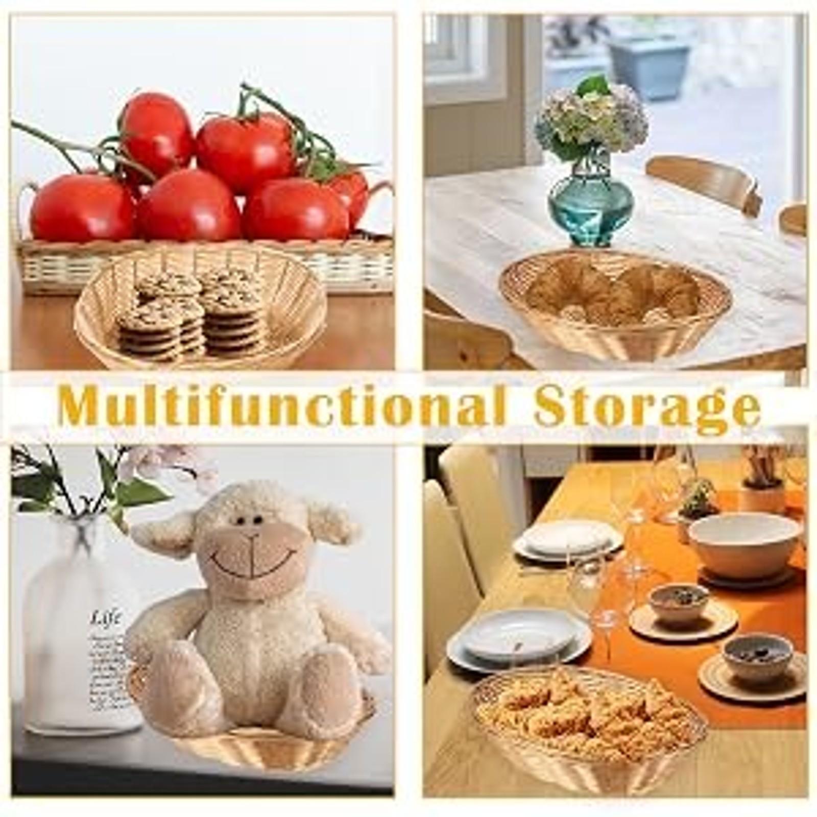 12 Pack Plastic Oval Basket, Empty Bread Basket 10 x 6.25 x 3 Inch Food Storage Basket Bulk, Plastic Wicker Baskets Bin for Kitchen Serving, Centerpiece Display, Gifts, Brown