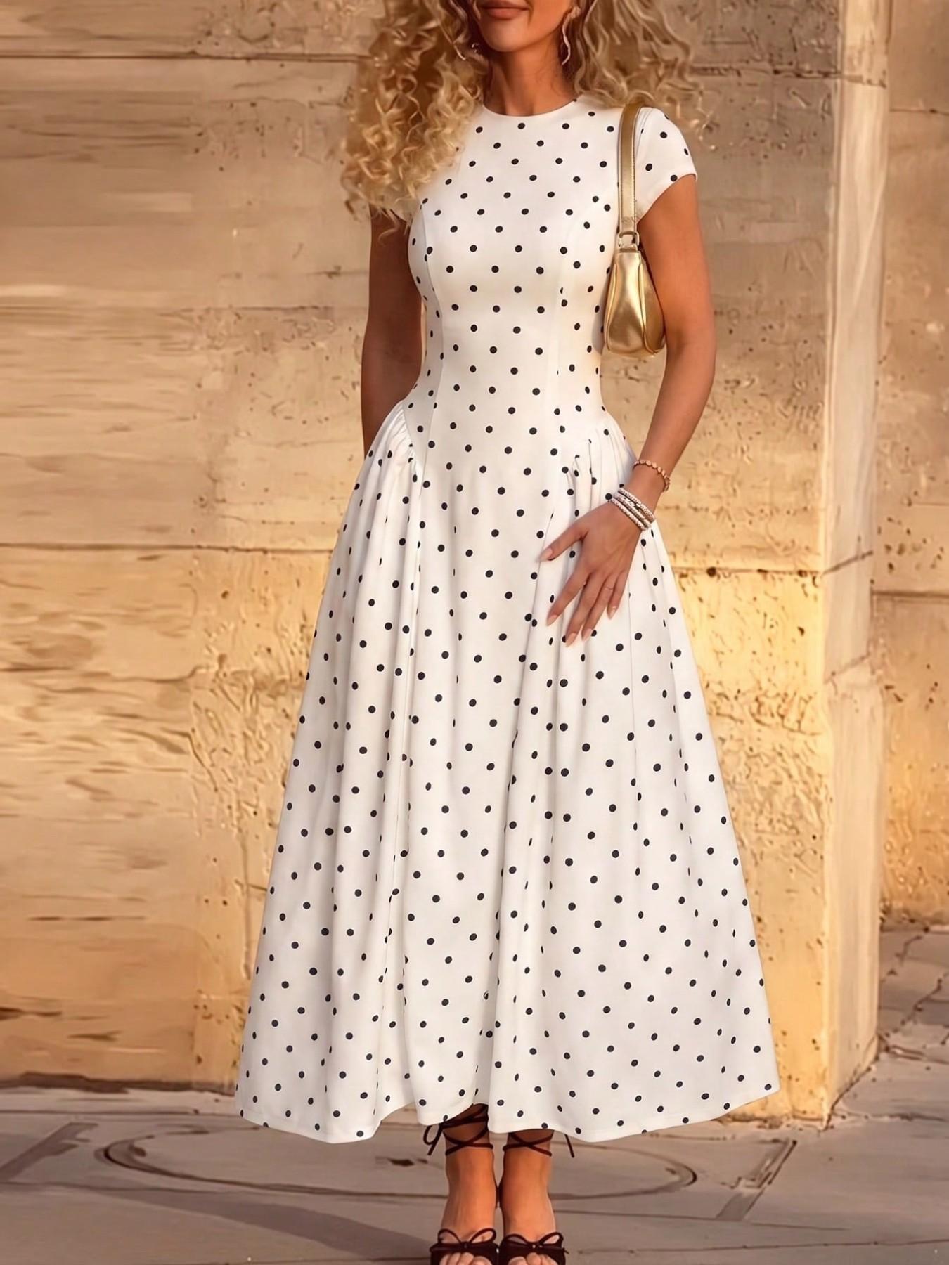 White Polka Dot Cap Sleeve Maxi Dress Women Round Neck A-Line Full Skirt Elegant Boho Formal Party Dress Wedding Guest Outfit Summer Going Out Fashion, Wedding Guest Dresses, Womenswear
