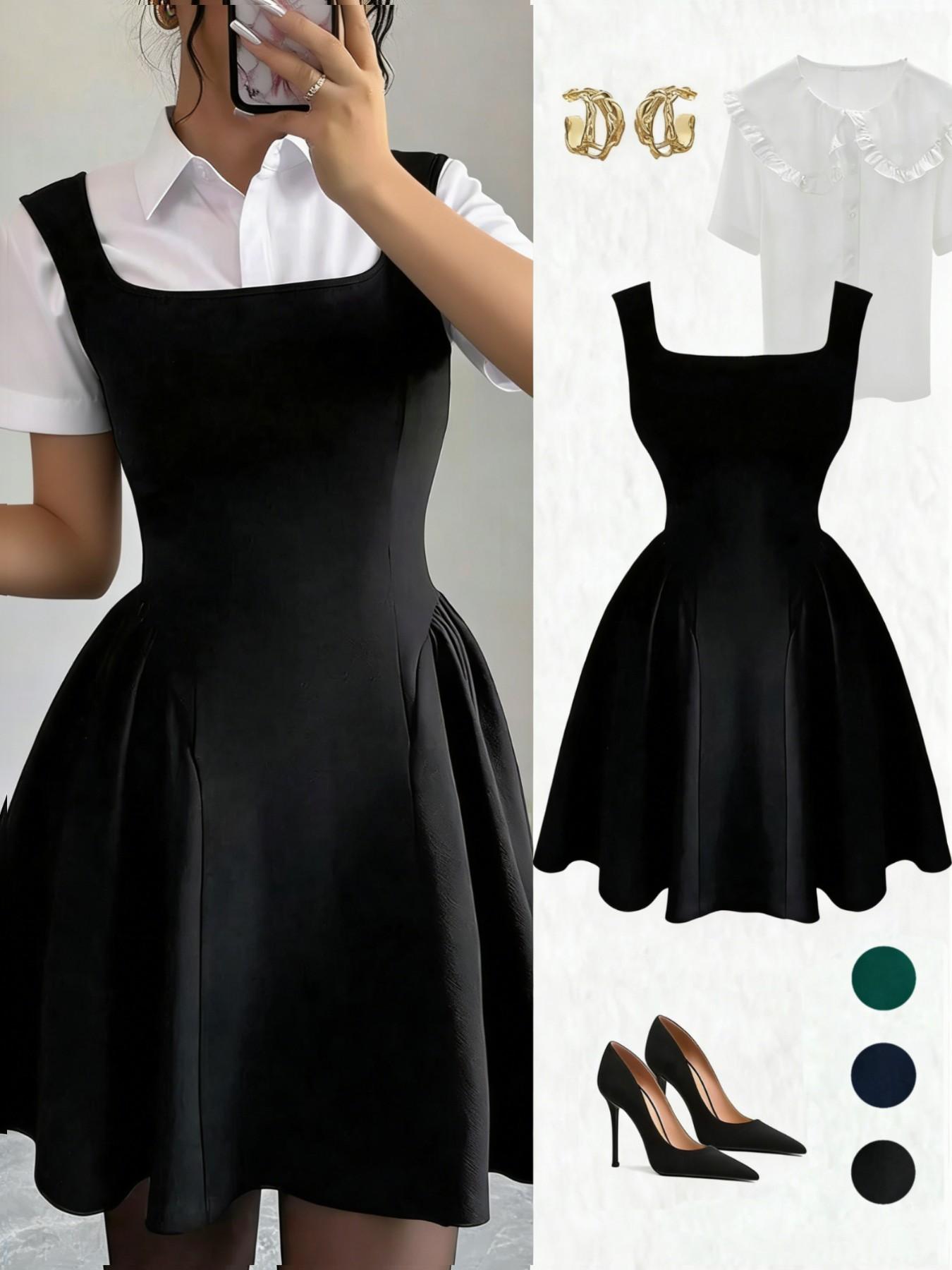 Women's Square Neck A-Line Dress, Slim-Fitting Ruffled Hem, Casual Wear for All Seasons, Perfect for Commuting and Daily Use