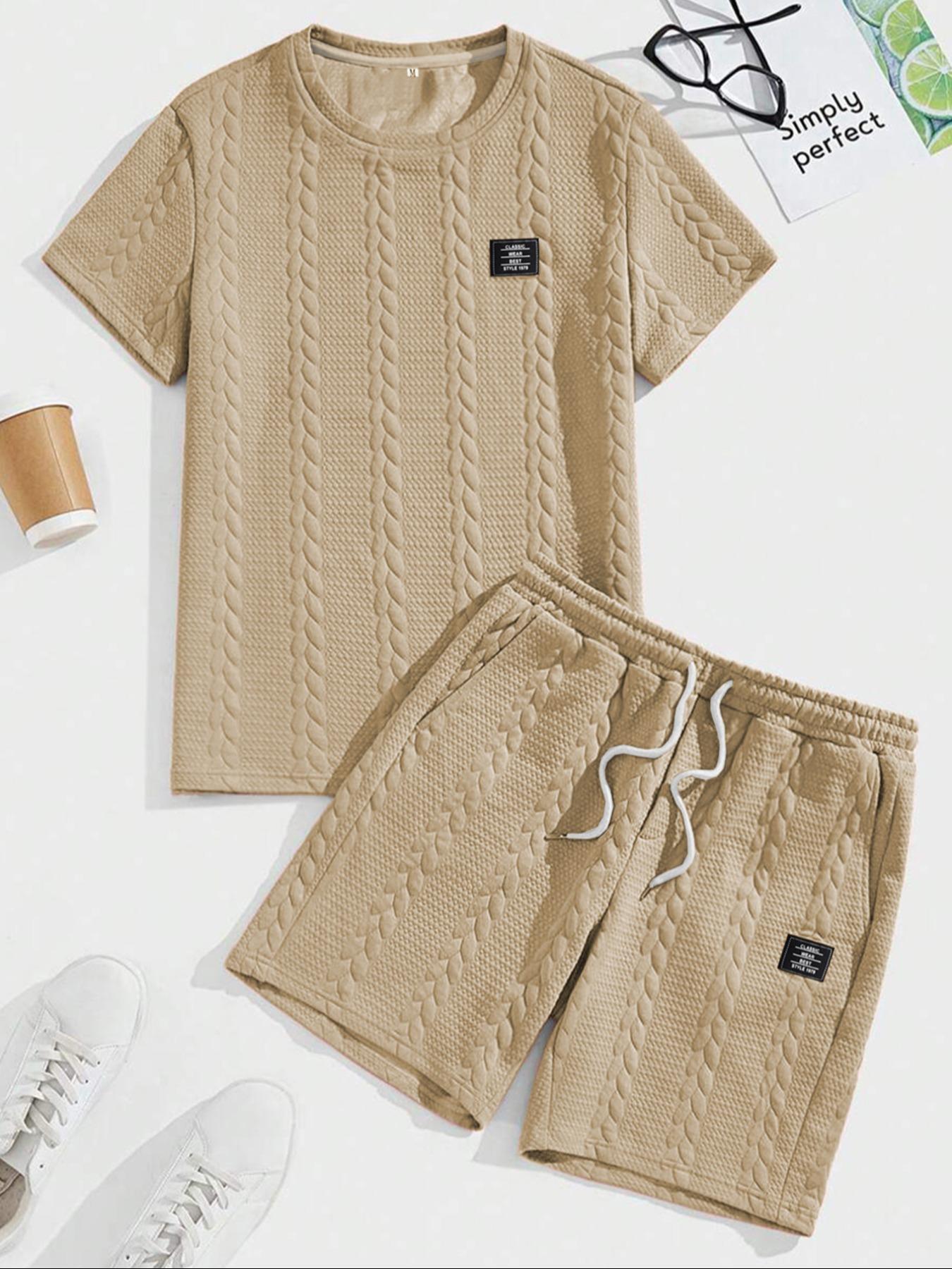 Men's Solid Textured Patched Tee & Drawstring Waist Shorts Set, Regular Fit Casual Round Neck Short Sleeve T-shirt & Pocket Shorts, Men's Summer Clothes