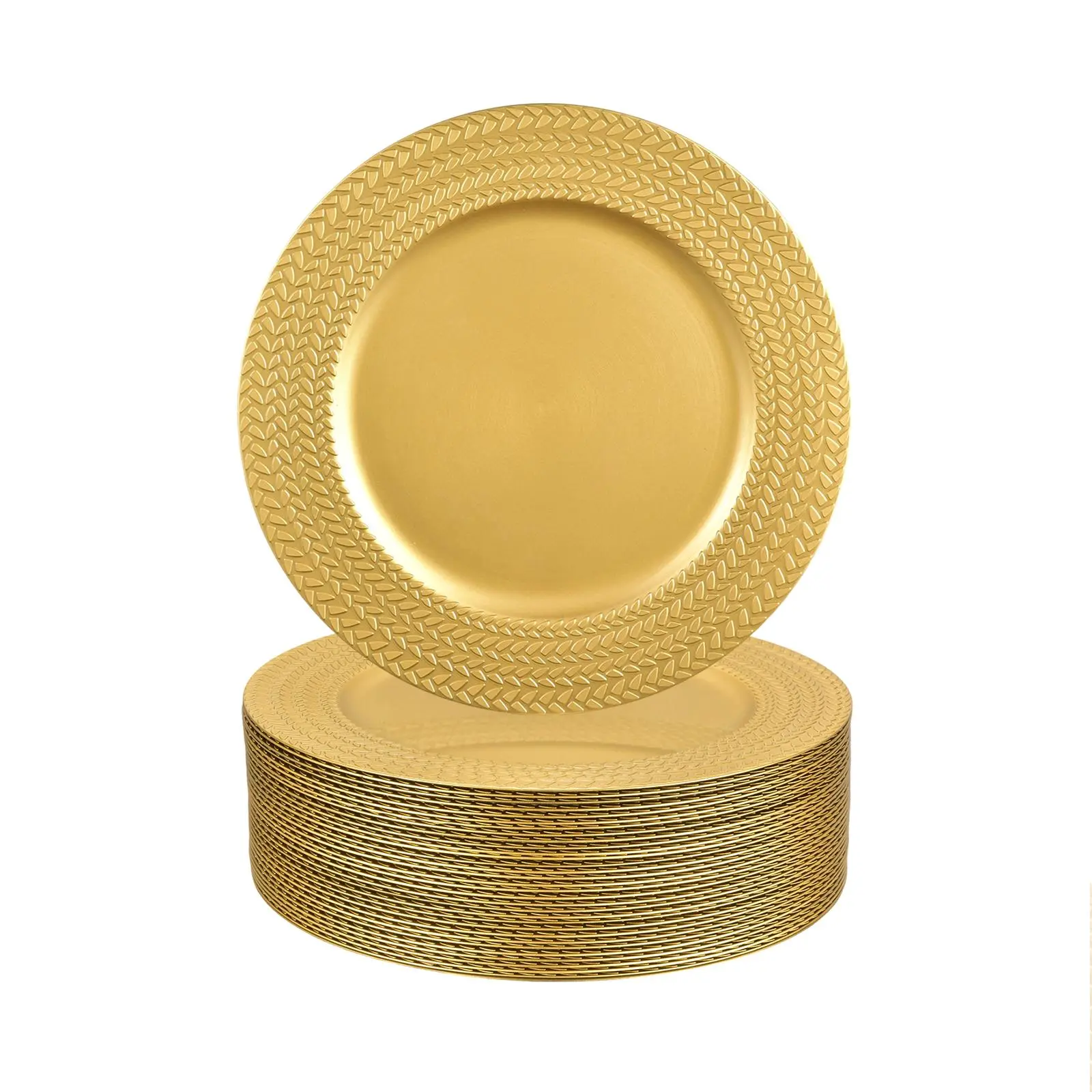 13-Inch Round Reusable Plastic Gold Charger Plates with Wheat Pattern Rim, Indoor Tableware Set for Weddings, Room Decor, Plastic Plates