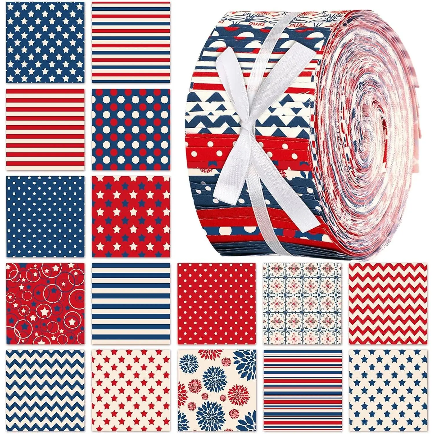 100 Pcs Patriotic Quilting Fabric Roll 2.56 Inch Retro 4th of July Precut Strips Bundles Jelly Patchwork Fabric Squares for Memorial Day Holiday DIY Craft Sewing Materials