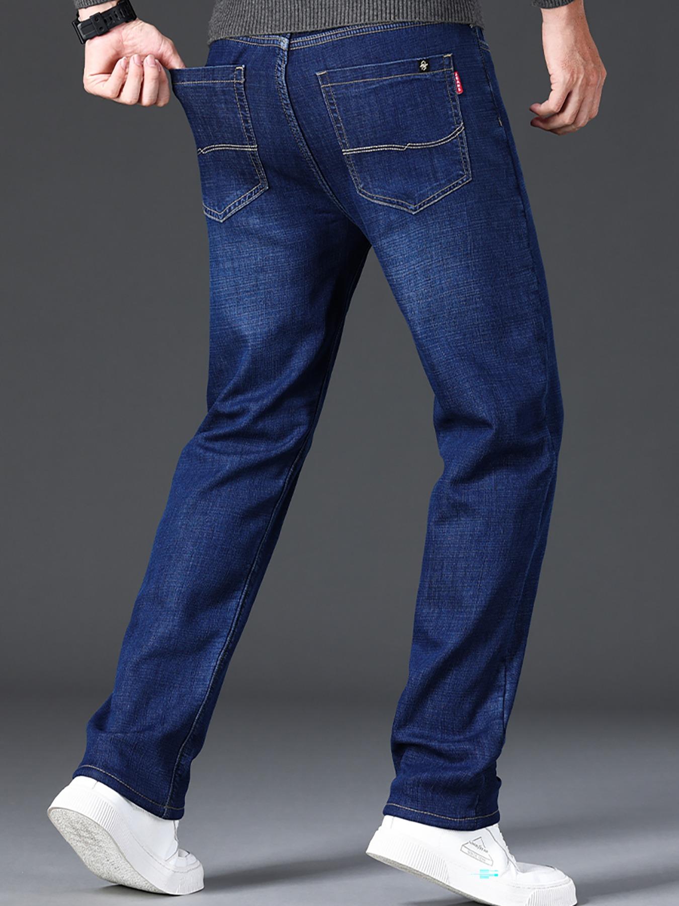 Men's Thickened Winter Fleece Jeans, Classic Loose Straight Leg High Waist Casual Elastic Pants, Warm Long Denim Trousers for Fall & Winter, Fashion Jean Bottoms