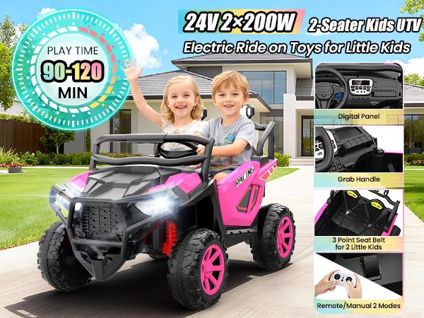 Hikole 24V 2-Seater Ride On Truck for Kids – Electric UTV w/ Remote, Bluetooth, LED Lights, Music & Shock Absorption, Christmas Gifts for Kids 2025