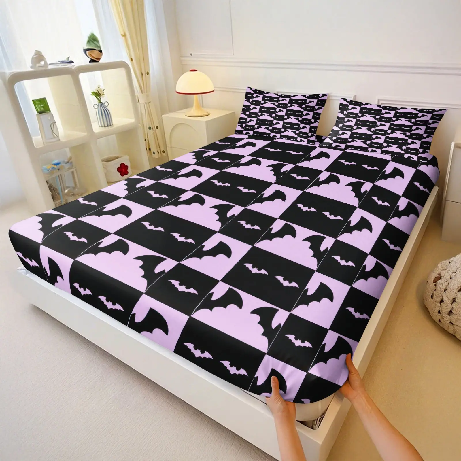 Gothic Bat Checkerboard Fitted Sheet Set, Soft Breathable Deep Pocket Bed Sheet & Pillowcases, Halloween Spooky Bedding for Bedroom Decor Bedsheet Sets