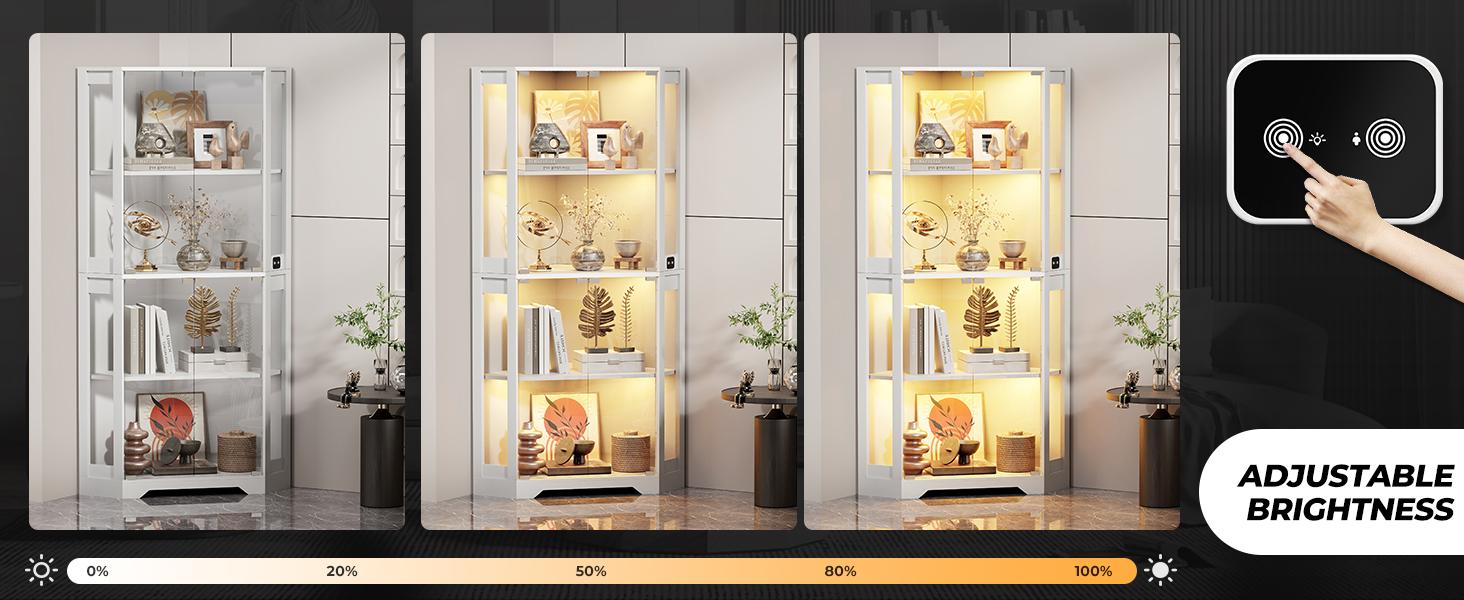 MIIFUNY Corner Display Cabinet with Glass Doors, 65" Lighted Curio Display Case with 3 Color Lights for Collectibles, 4-Tier Bookcase with Human Body Sensor for Living Room, White MIIFUNY Corner Display Cabinet with Glass Doors, 65" Lighted Curio Display Case with 3 Color Lights for Collectibles, 4-Tier Bookcase with Human Body Sensor for Living Room, White
