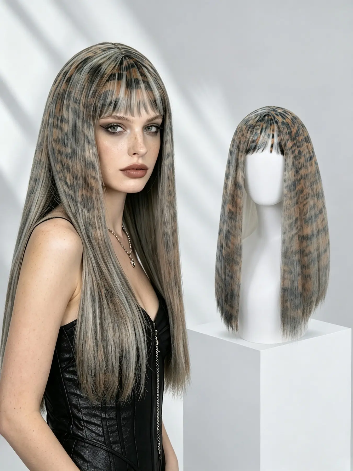 Leopard Print Long Straight Costume Wig, Synthetic Full Head Wig with Bangs, Halloween Party Hair Accessory, Trendy Photo Shoot