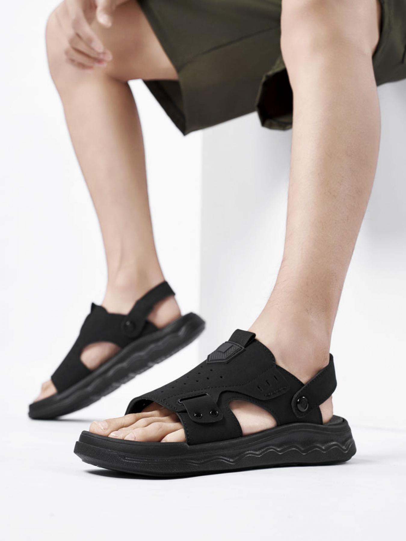 Men's Solid Color Dual-Wear Velcro Closed-Toe Sandals Thick-Soled Breathable Beach Shoes Non-Slip Wear-Resistant Outdoor Water-Resistant Sandals