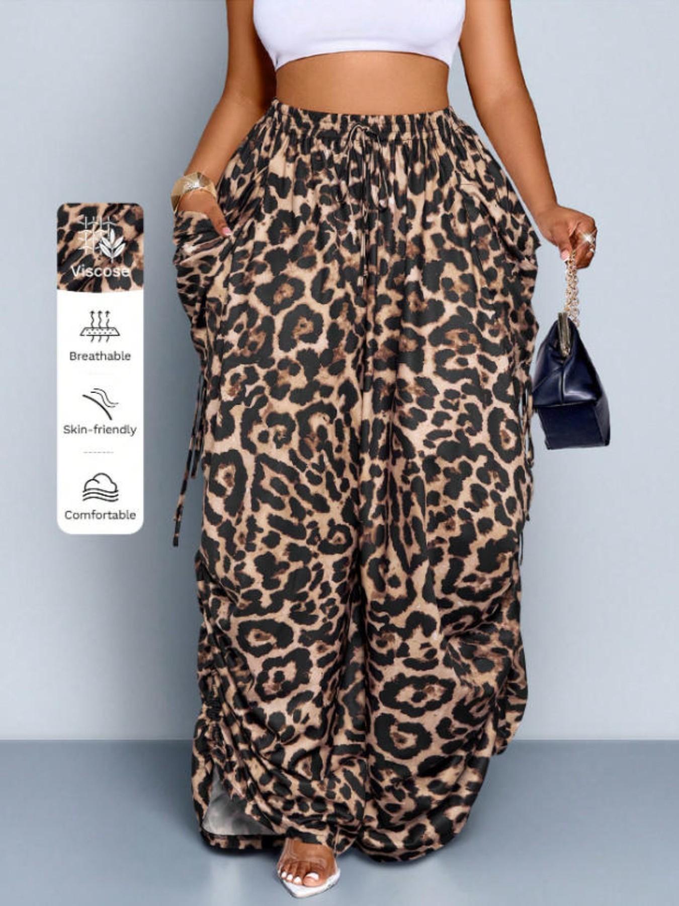 Women's Leopard Print Harem Pants Bottom, Casual High Waist Loose Breathable Cotton Linen, Medium Stretch Thin Drawstring Pockets, Streetwear Punk Style