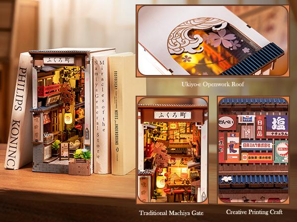Rolife Book Nook Kit DIY Miniature House Kit for Adults 3D Wooden Puzzle Bookends Bookshelf Diorama Insert Dollhouse Creative Decorative Unique Gifts for Teens and Beginners (Sakura Wine Alley)