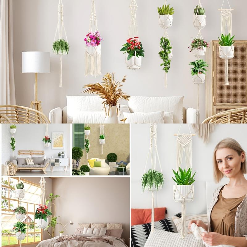 6-Pack Handmade Woven Plant Pot Hangers, Indoor And Outdoor Flower Pot Hanging Baskets, Handmade Woven Plant Hanging Stands, Suitable For Bohemian Home, Patio, And Garden Decoration (Plants And Flower Pots Not Included)