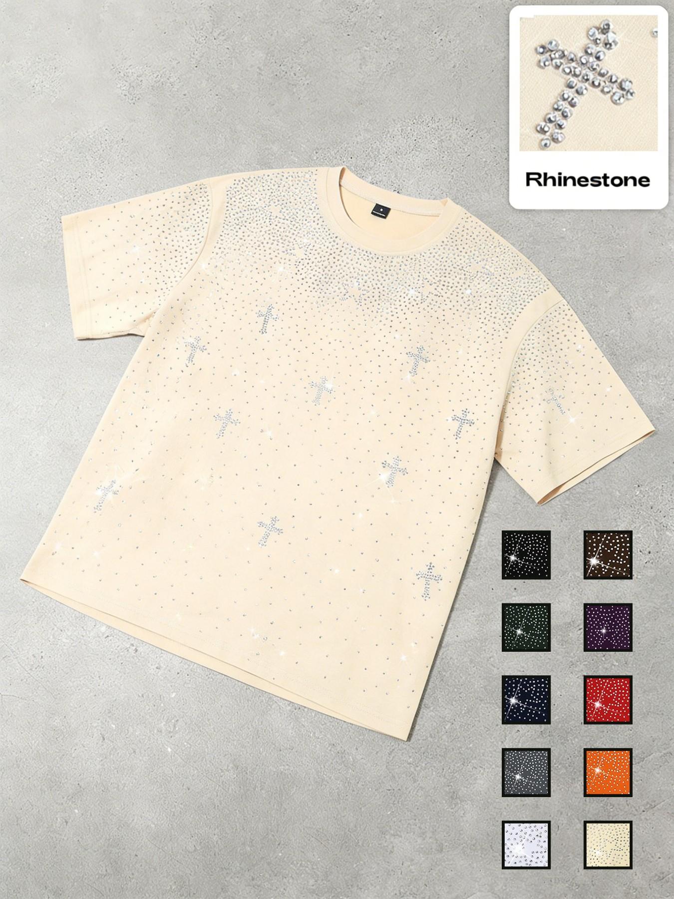 Men's Gothic Cross Rhinestone Embellished T-Shirt | Lightweight Breathable Polyester, Black Base with Sparkling Rhinestone Star & Cross Print, Oversized Fit, Y2K Streetwear Casual Tee, Ideal for Party, Night Out, Urban Street Style & Edgy Looks