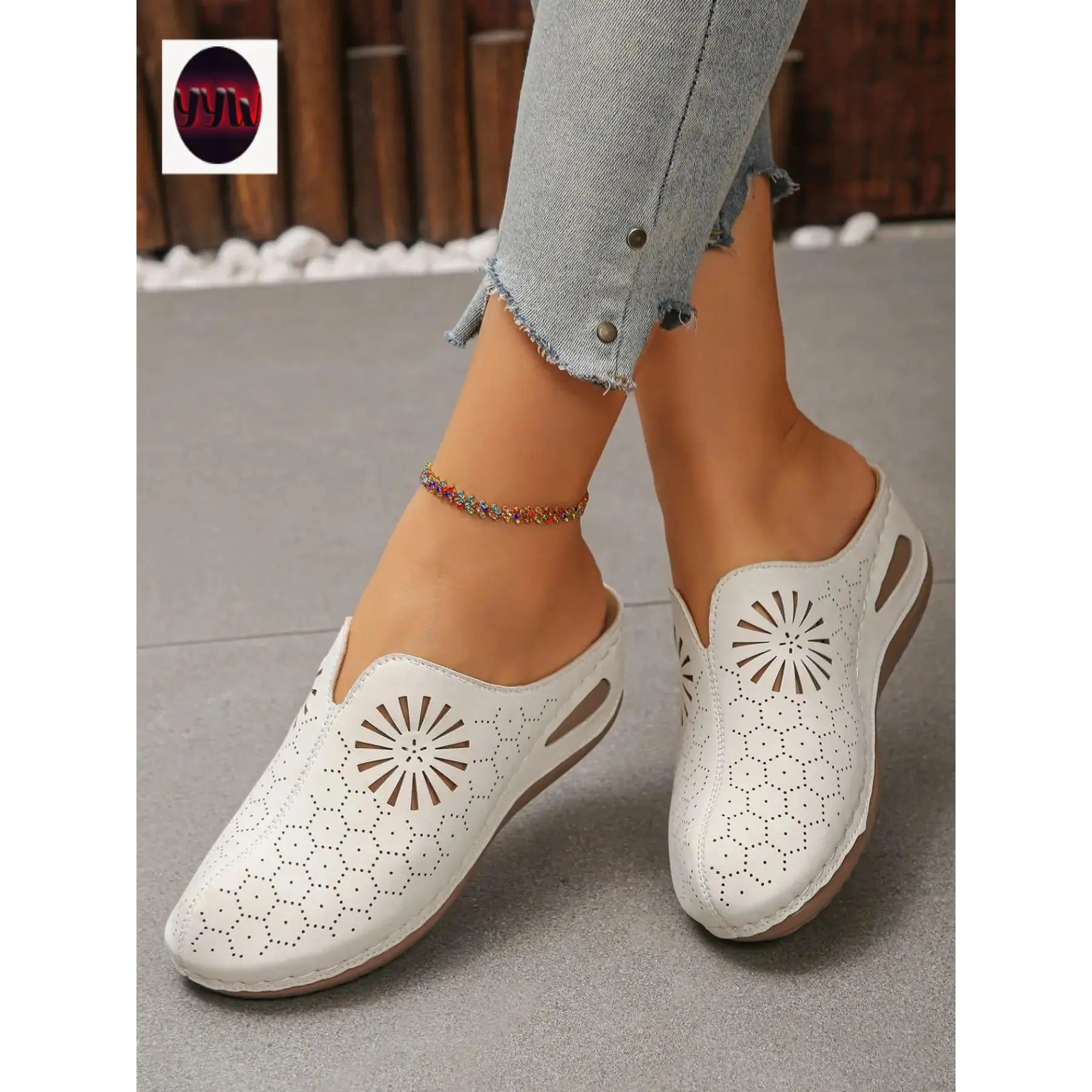 YYW1 Women's Hollow Out Breathable Mules, Comfortable Thick Sole-On Sandals, Casual Wedge Shoes, Footwear, Casual Clogs, Easy to Wear