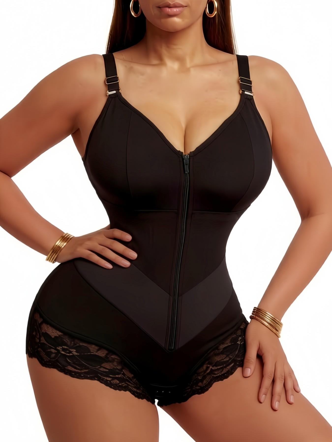 Colombian Shapewear, Fajas, Women's Solid Color Lace Trim Anti-Slip Leg Hem Jumpsuit, Front Zipper V-Shaper Belt Shapewear Bodysuit, Natural Lift Body Shaper, Double Compression Contouring Romper, Waist Trainer, Suitable For Training Or Sports, Aesthetic