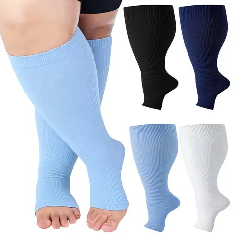 Unisex Plus Size (3XL) Open Toe Knee-High Sports Compression Elastic Socks for Adults - 15-20mmHg Wide Calf, Durable Plain Breathable Graduated Stockings for Enhanced Blood Circulation, All Seasons (Suitable for Women)
