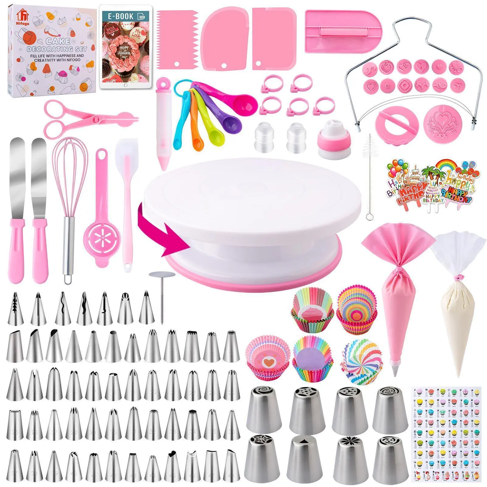 356-Piece Beginner-Friendly Kitchen Cake Decoration Kit - Food-Grade Safe, Creative, Simple All-Seasons Baking Tools Set with Turntable, Icing Tips, Fondant Molds