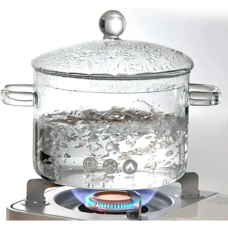 1.9L Smooth Glass Dual-Handle Saucepan with Cover, Transparent, Dishwasher-Safe, Oven-Safe Stovetop Cookware for Boiling Tea, Stewing