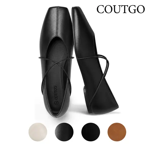 Coutgo Womens Square Toe Ballet Flats Comfortable Slip On Mary Jane Flats Crisscross Strap Work Casual Shoes