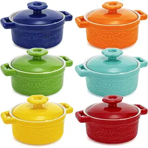 Set of 6 Mini Cocotte with Lid, 8 Oz with Handles, Small Individual Serving Pot for Baking, Soufflé, Soup, Cobbler, Oven Safe, 6 Colors