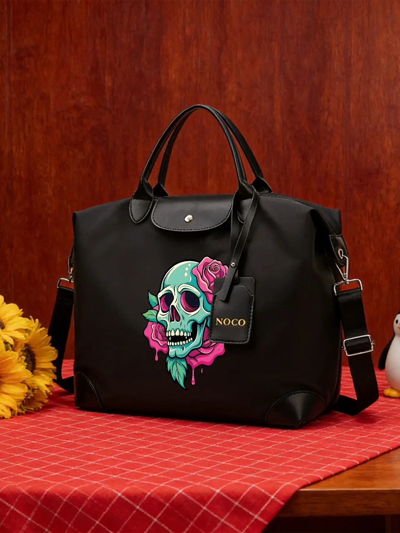 Floral Skull Pattern Crossbody Bag, Stylish Tote Bag, Casual Shoulder Bag, Large‑capacity Handbag, Adjustable Shoulder Strap, Wearable As Crossbody or Hand‑held, Suitable for Work and Daily Commuting, An Ideal Gift.
