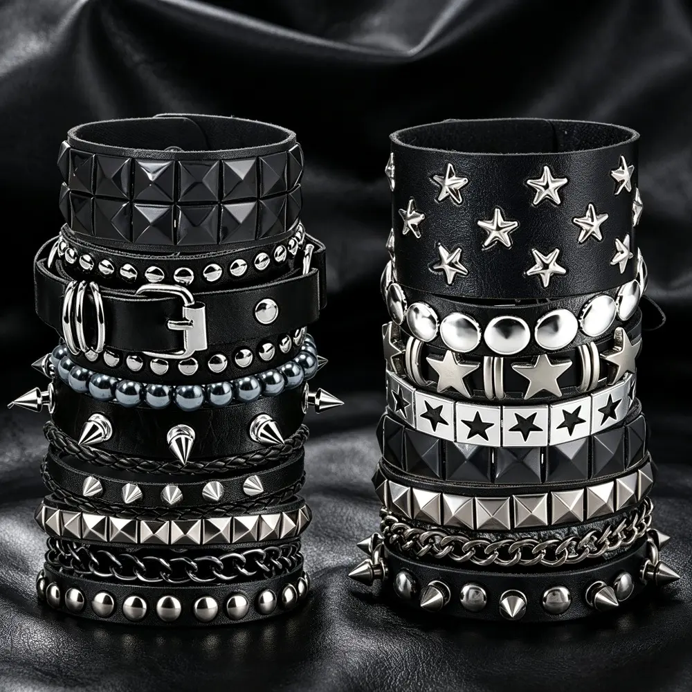 Unisex Gothic Punk Faux Leather Bracelets Matching Set - 12 Multi-Style Wristbands, Chain Jewelry Bracelets & Bangles for Daily Wear, Halloween Costume Jewelry Accessories