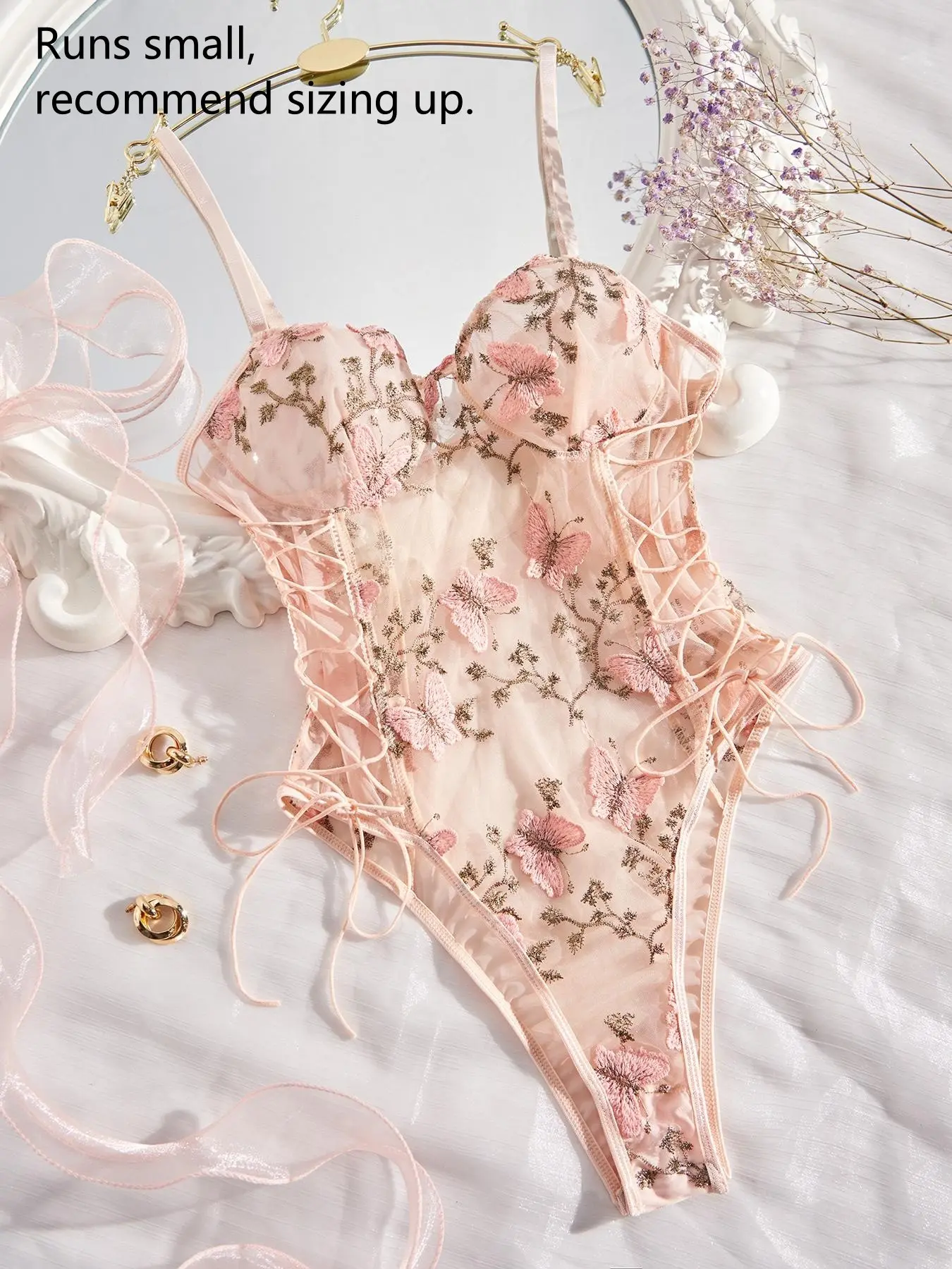 Women's Floral & Butterfly Embroidery Lace Up Sheer Sexy Bodysuit, Adjustable Strap Backless Sleeveless Bodysuit for Summer, Fashion Women's Clothes for Daily Wear