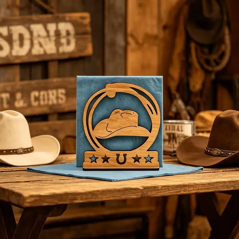 Western cowboy hat napkin holder, retro brown Rustic wooden stand with an open design and a sturdy base. It is ideal for kitchens, farmhouses, western party decor, homes, offices or cowboy-themed events,boasting long-lasting vintage charm.