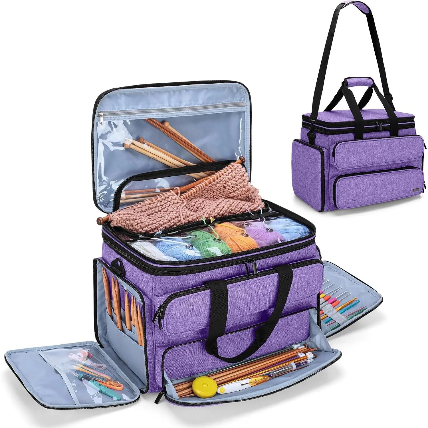 Knitting Yarn Bag, Portable Crochet Storage Tote with Double Top Cover and Yarn Holes for Knitting Needles(Up to 14”), Unfinished Projects and Skeins of Yarn, Purple