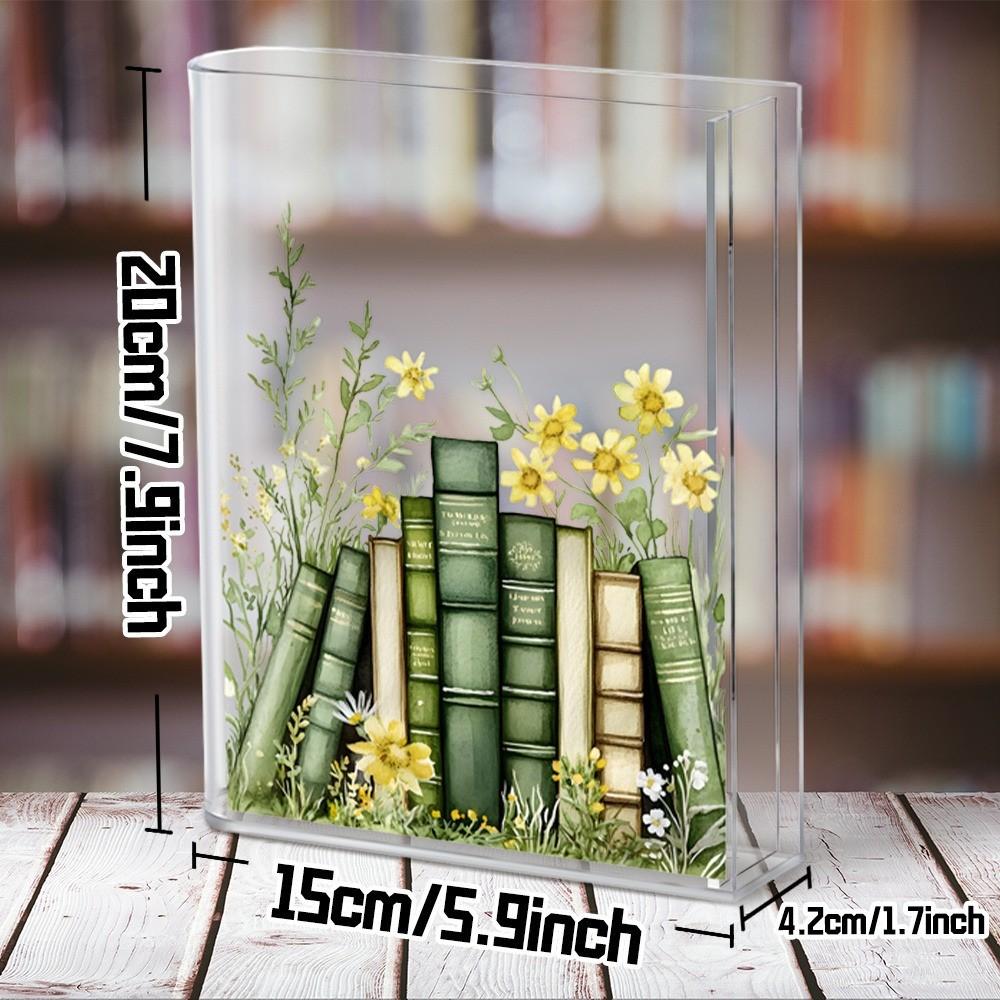 Acrylic Book-Shaped Vase, Transparent Material, Hand-Drawn Shelf Design, Elegant Home Decor, Perfect for Teacher's Day, Birthday, Christmas