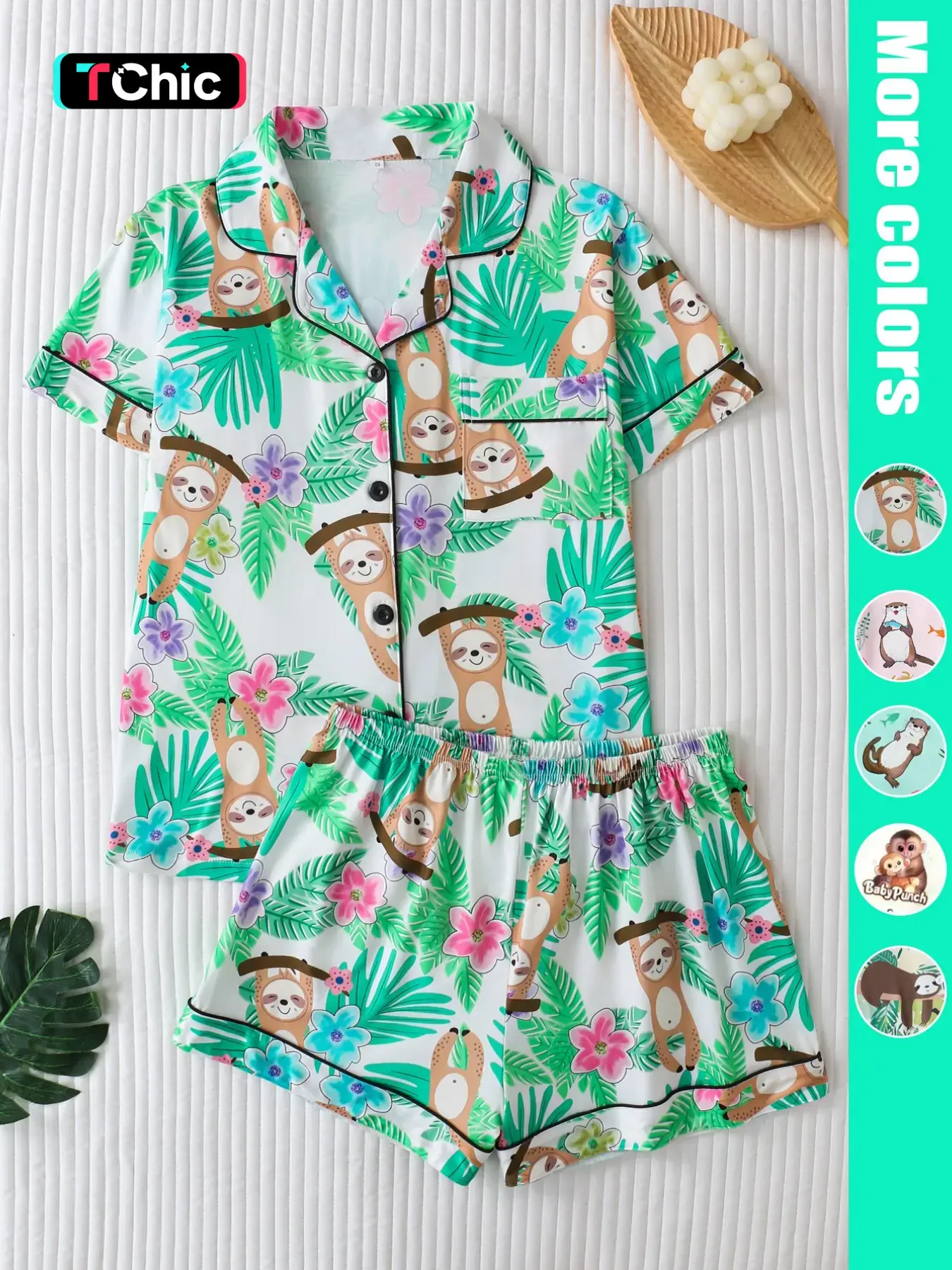 Two-Piece Sloth Tropical Plant Cartoon Print Sleepwear Loungewear Set, Button-Down Short Sleeve Top and Loose Comfortable Shorts, Cute Fun Women's Pajama Pjs Set, All Seasons Pajamas Nightwear Lounge Set