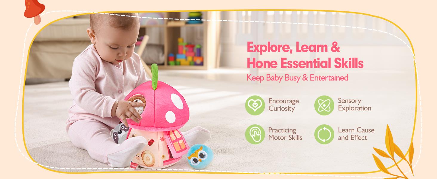 hahaland Easter Basket Stuffers My First Mushroom House with Stuffed Jungle Animals, Rattle, Crinkle Paper, Mirror - Sensory Montessori Developmental Toys for Toddlers 1 Year Old Girl Gifts Stuffers Playpen Newborn Cute Baby Toy 6-12 Months