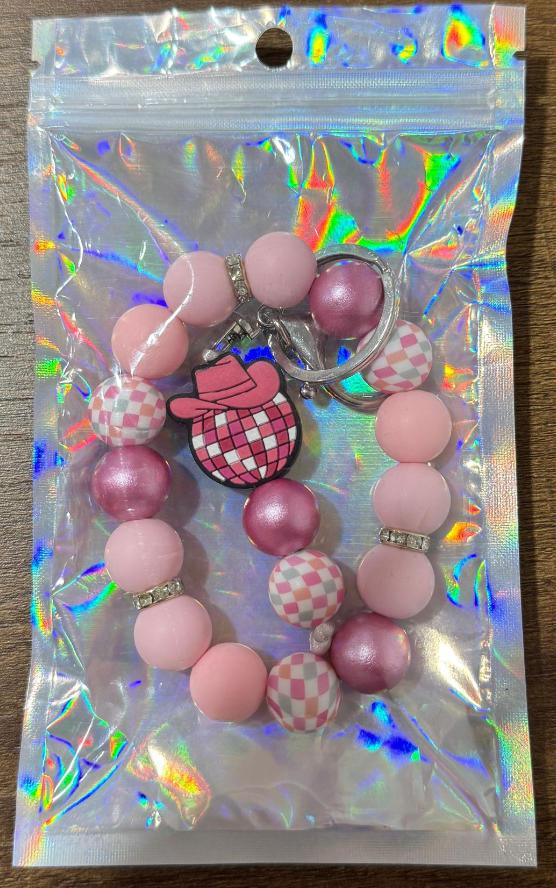 Cowboy Hat Disco Ball Beaded Keychain, Bow Checkered Silicone Wristlet, Y2K Style Bag Charm, Handmade Anti-Lost Keychain