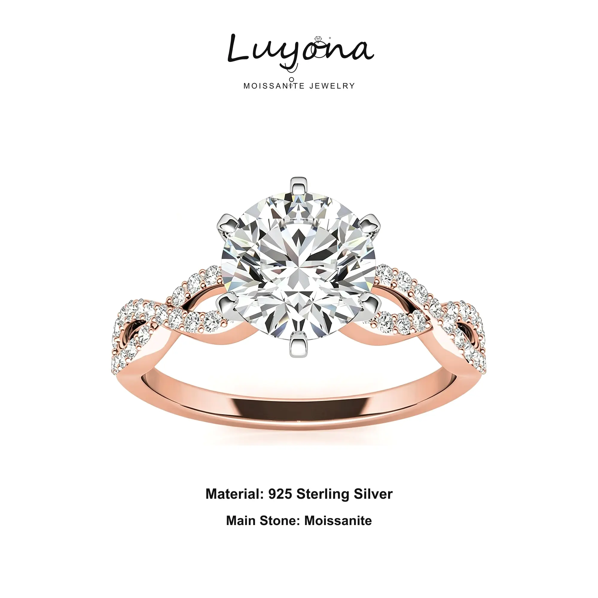 Women's 925 Sterling Silver Twisting Infinity Moissanite Ring - 1.0 CT Round Cut, Custom Name Engraving, for Engagement, Wedding