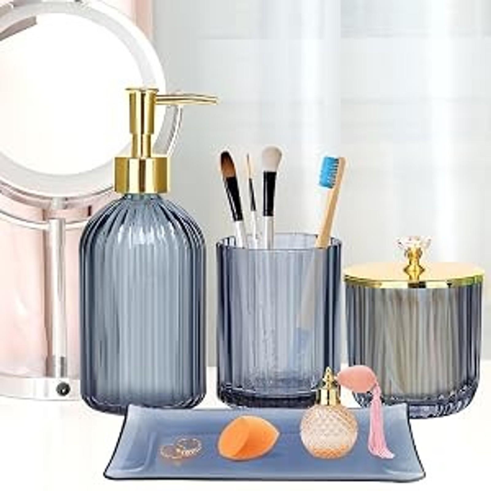 Glass Bathroom Accessories Set, Blue 4-Piece Bathroom Set Glass Bathroom Accessories Set, Blue 4-Piece Bathroom Set