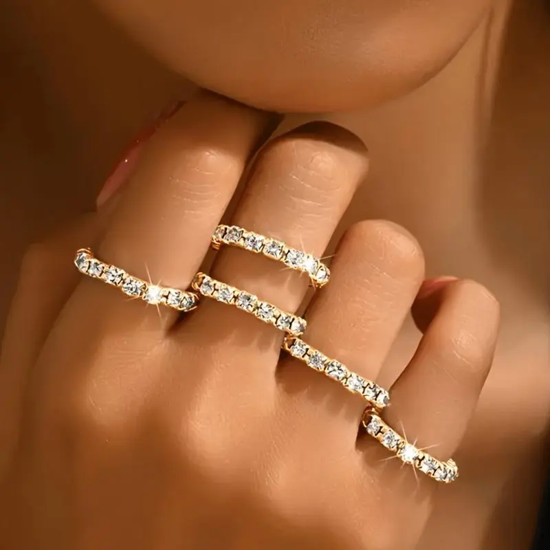 5 Sparkling Rhinestone Elastic Ring Sets, Gorgeous Women's Party Style Rings, Suitable for Gift Giving Jewelry