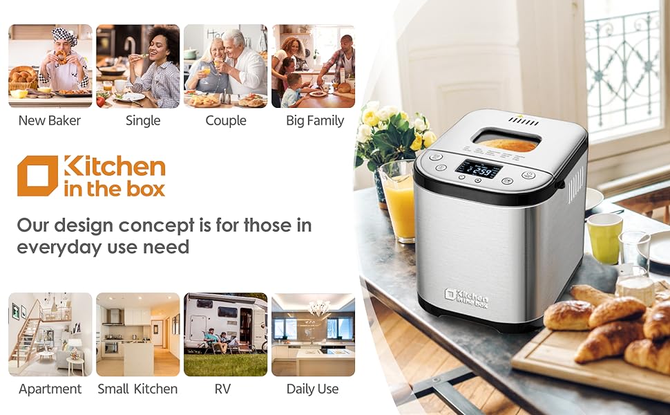 Automatic Bread Maker, 2LB 1.5LB 1LB Bread Maker Machine with  with Gluten-Free Setting, 15-in-1 Stainless Steel Bread Maker with Recipes