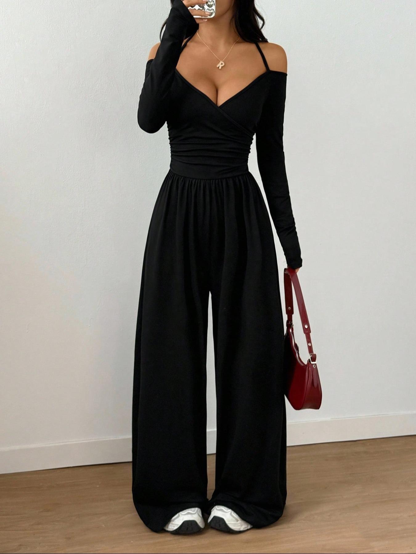 Women's Plain Halter Cross V-Neck off Shoulder Ruched Wide Leg Jumpsuit, Fashion Casual Daily One-Piece Pants