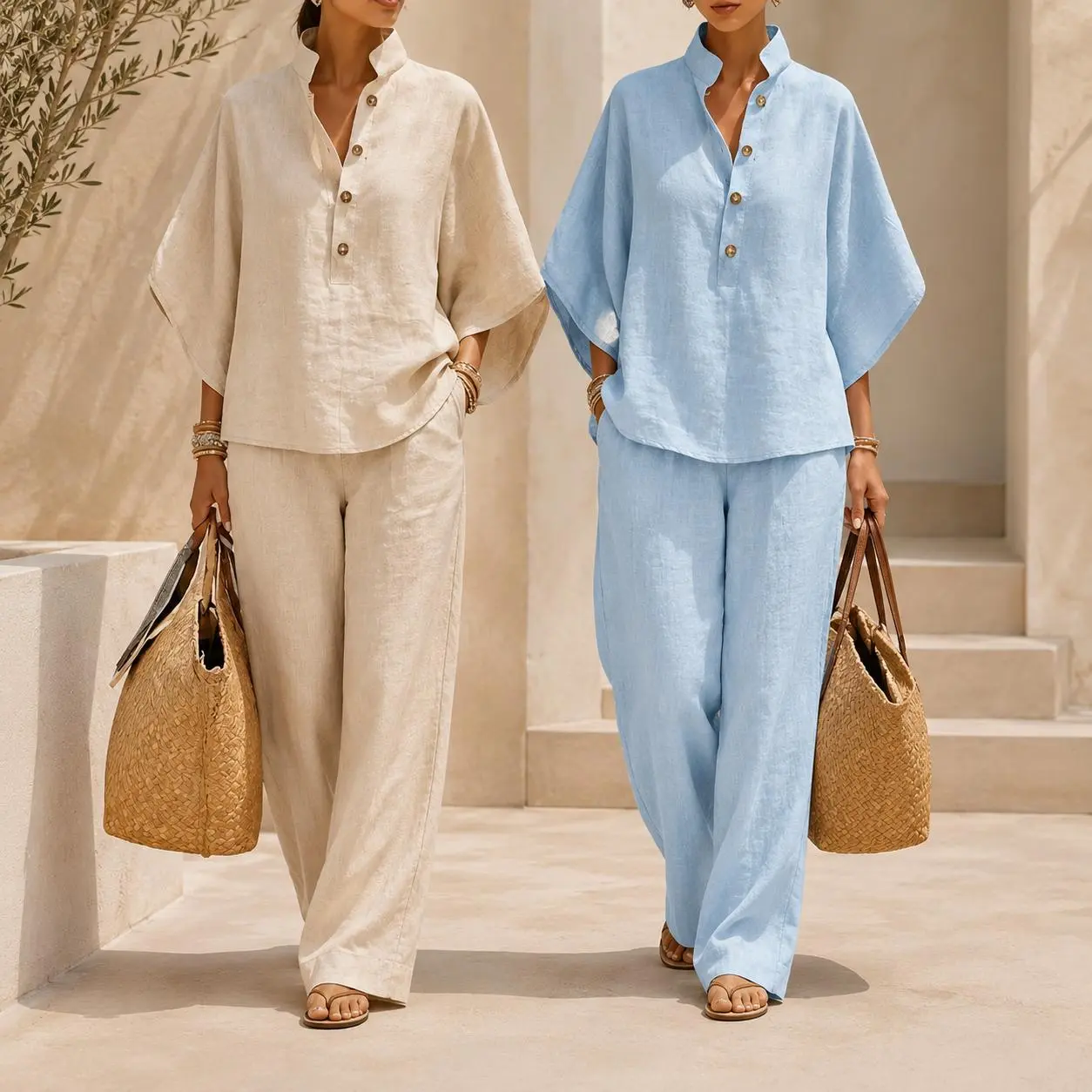 2pcs Women's 2 Piece Linen Blend Outfit Set Loose Button Front Top & Wide Leg Pants Brea thable Summer Casual Lounge Set Vacation Travel Outfit for Women S-4XL