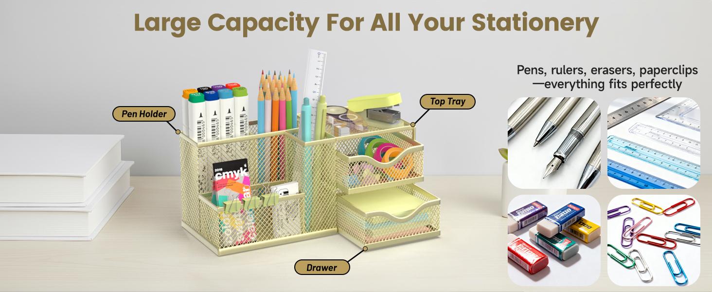 Mesh Desk Organizer, Pen Organizer with 2 Drawers and 5 Compartments, Versatile Pen Holder for Small Space, Desk Organizers and Accessories for School Office Supplies, Gold Mesh Desk Organizer, Pen Organizer with 2 Drawers and 5 Compartments, Versatile Pen Holder for Small Space, Desk Organizers and Accessories for School Office Supplies, Gold