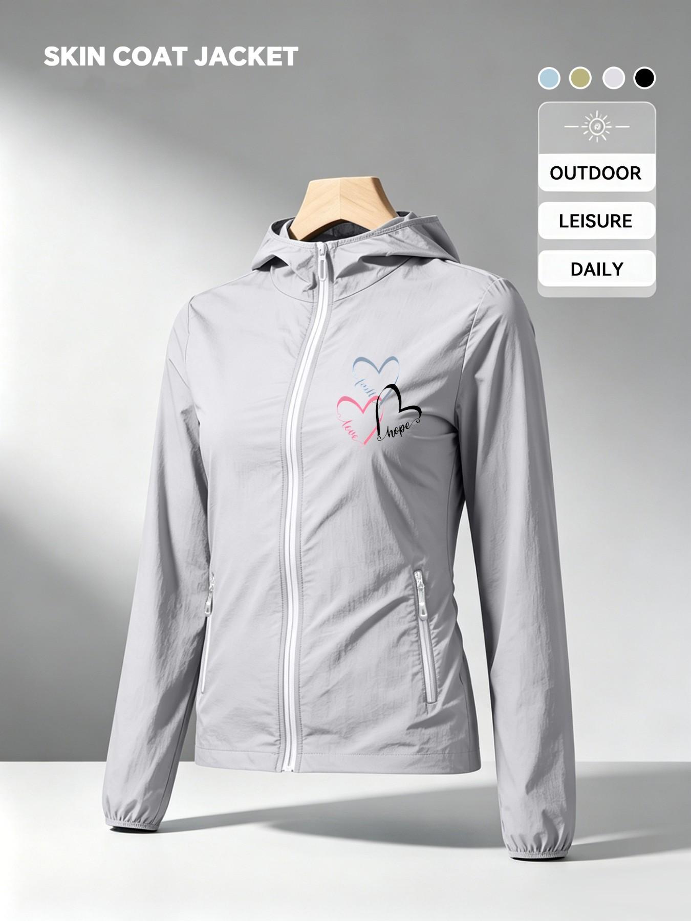 Faith Hope Love Three Color Hearts Print Women Summer Hooded Zip Up Skin Coat Jacket Four Colors Optional Soft Skin Friendly Breathable Lightweight Loose Casual Versatile Outdoor Commuting Essential