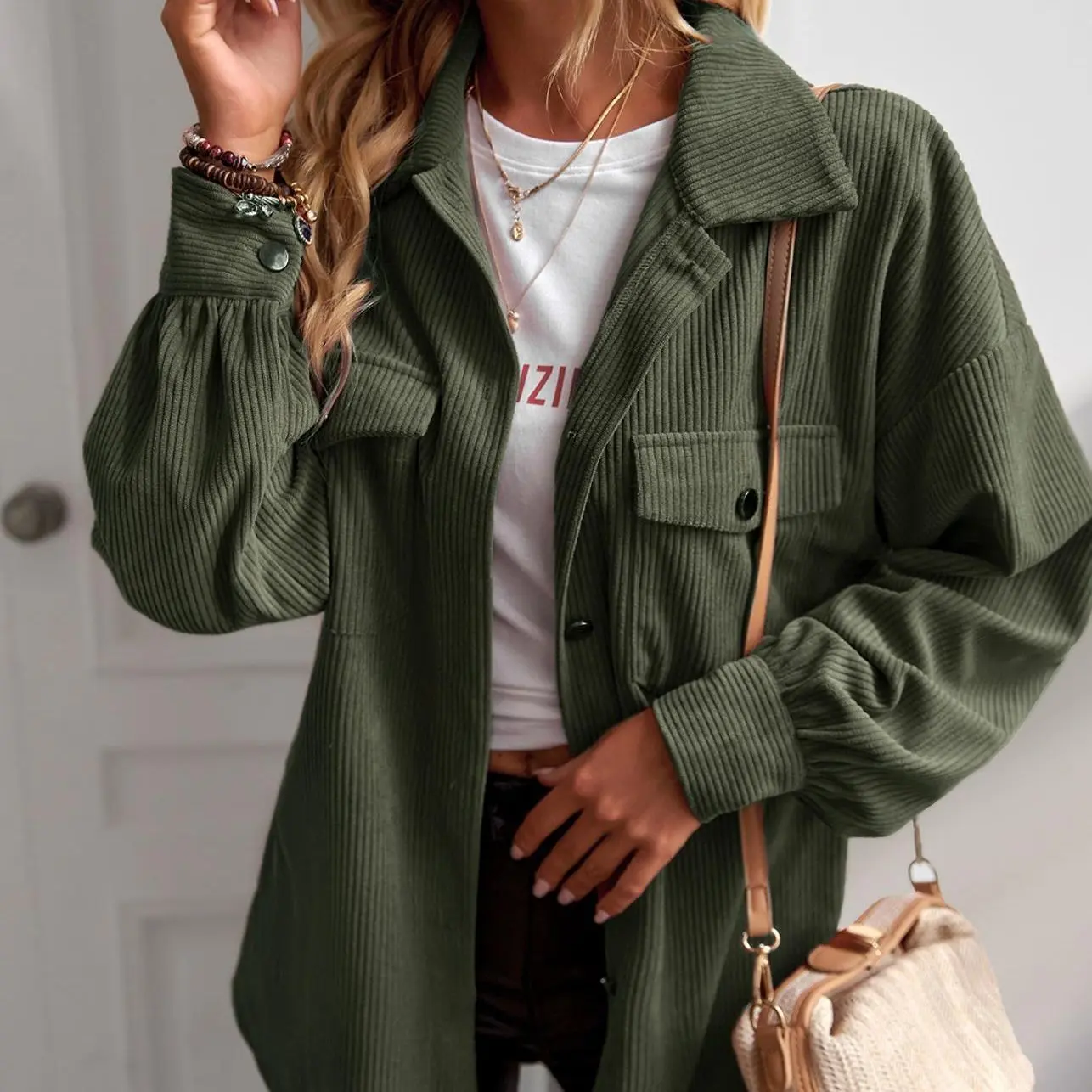 Women's Basic Plain Long Corduroy Shirt Jacket - Collared Neck, Button-Down, Elegant Cuff Sleeves, Relaxing Loose Fit, Clothes for Women, Office & Casual Commuter Outerwear
