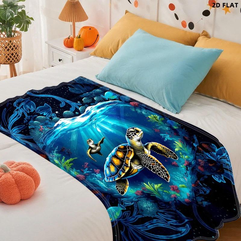 Vibrant Sea Turtle Underwater Scene Throw Blanket, Single - sided Printed, Multiple Specifications Available, Soft Cozy Fabric, Ideal for Napping/Office/Lounging, Artistic Whimsical Design, Perfect for Adults Seeking Relaxing Comfort