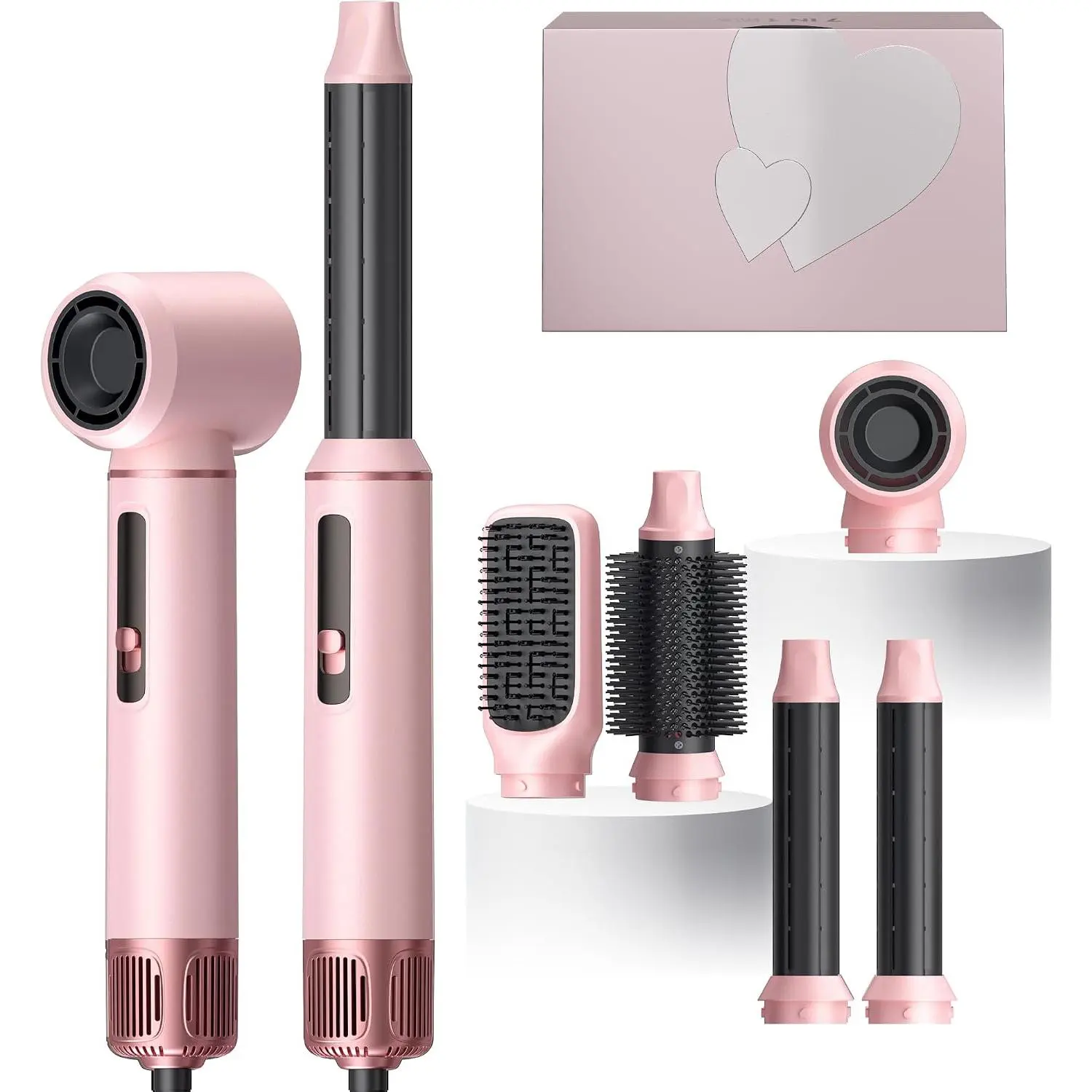 5-in-1 Multi-Use Plug-In Blow Dryer Brush Set, 1000W Motor Hot Air Styler with Alloy Auto-Wrap Curler & LED Display, Negative Ion Tool for Straightening & Volumizing - Pink