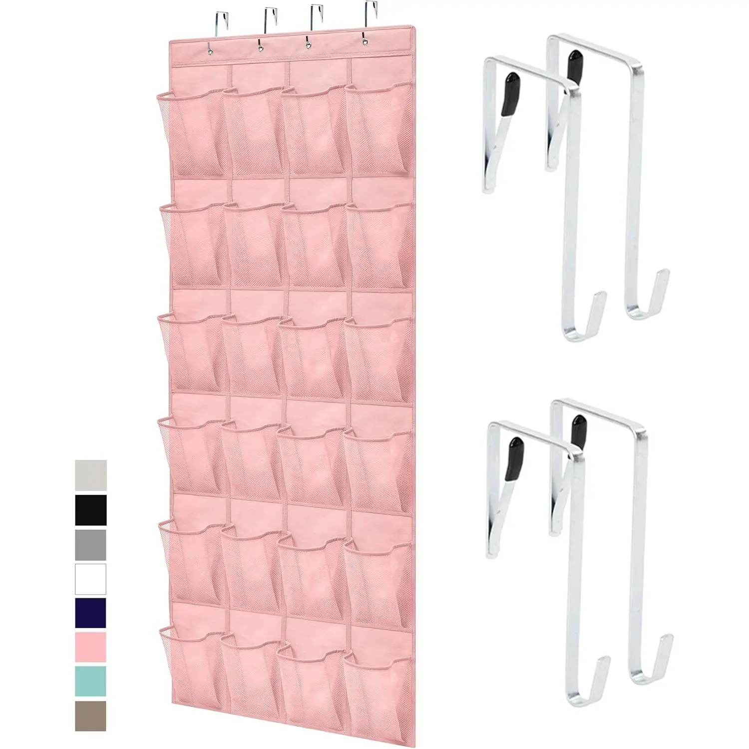 Over-the-Door Hangable Fabric Shoe Rack Organizer, 24 Large Breathable Mesh Pockets, 4 Hooks, 40 lbs Capacity, Space-Saving Hanging Holder for Bathroom Shoes & Beauty Accessories, Pink,dorm room inspo,college dorm essentials,dorm haul
