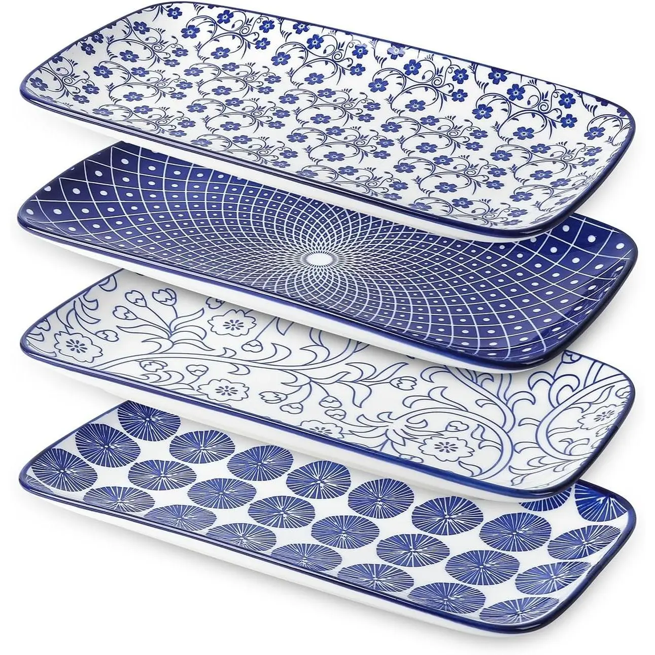 Ceramic Serving Platters, 14 Inch Serving Trays for Party Entertaining, Large Rectangular Serving Plates for Appetizer, Charcuterie, Dessert, Fruit, Set of 4, Vintage Blue