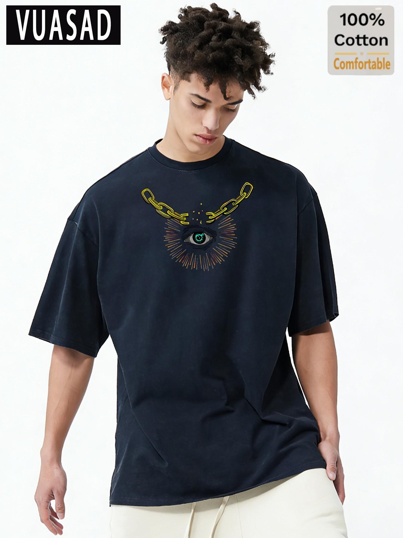 American Street Style Mystery Element Short Sleeve T-Shirt for Men, 100% Pure Cotton, Loose Fit, Casual Commuter Top, Long Length