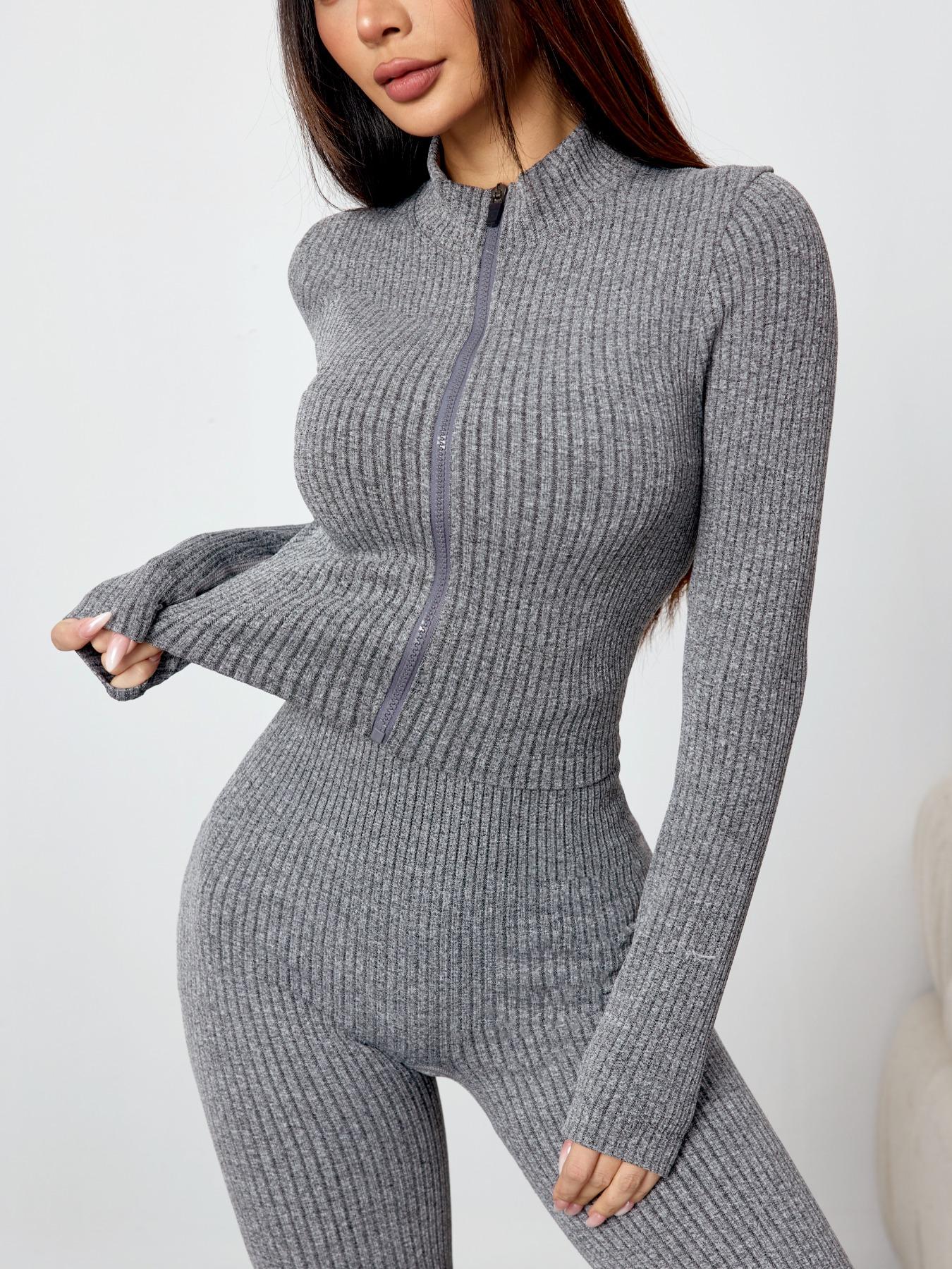 Women's Ribbed Textured Two-Piece Set for Fall & Winter, Knit Zipper Jacket and High-Waisted Leggings, Casual Outfit for Yoga Fitness, Athleisure Wear Set, Stretchy Suit Set, Yoga Gym Outfits