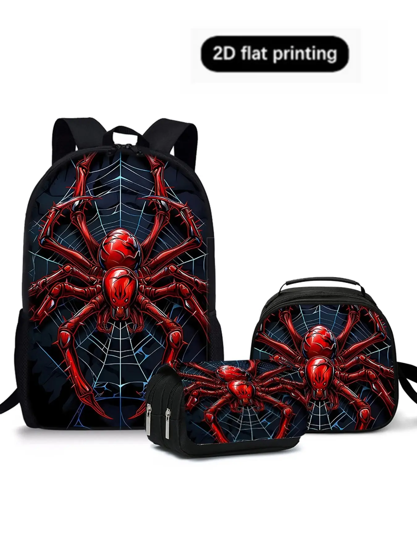 17 Inch Spider Pattern Backpack Set, Casual Cartoon Print, Includes Single Layer Backpack, Lunch Bag, Pen Case, All Seasons