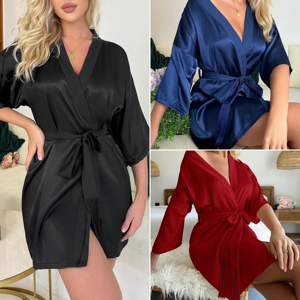 Women’s Lightweight Lace Fringe Kimono Robe Nightgown – Summer Sexy Loungewear Short Sleeve Cardigan Sleepwear, Boho Ethnic Style Thin Home Pajamas Set, Elegant Cross-border Lounge Dress for Sleep, Spa, Vacation & Bedroom Wear