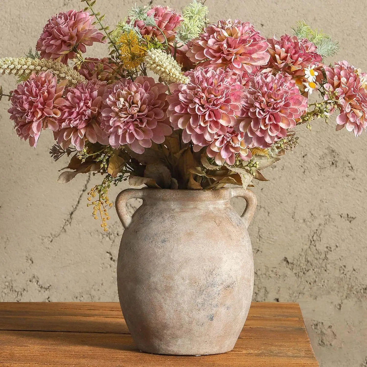 Whitewashed Ceramic Flower Vase 7.6 Inch, Farmhouse Rustic Terracotta Decorative Pottery for Home Decor, Table Mantle, Fireplace, Living Room, Bathroom, Wedding CenterpieceGift